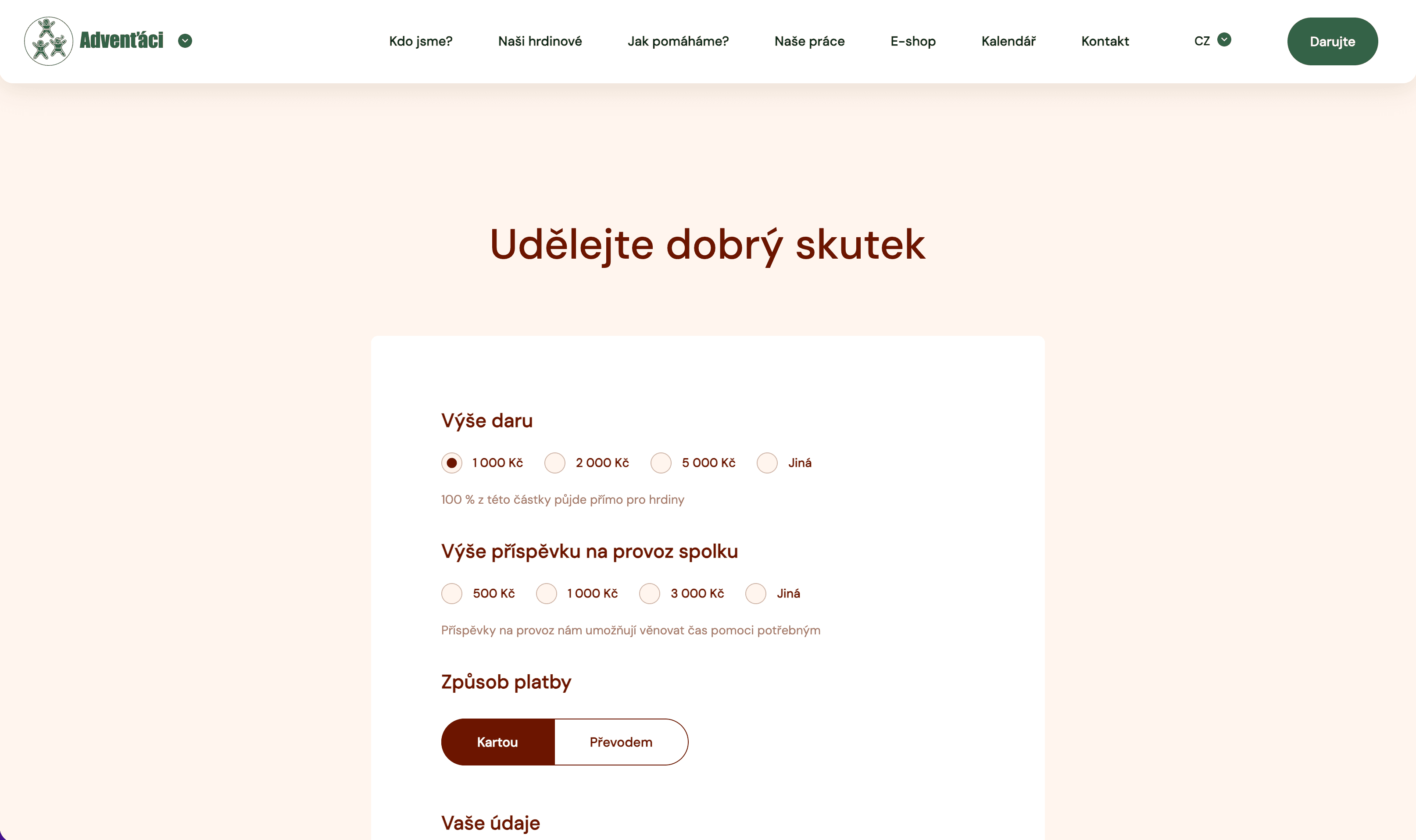 screenshot produktu - registrace, darování a žebříček běžců